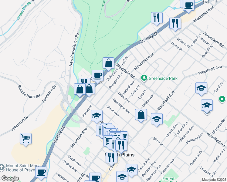 map of restaurants, bars, coffee shops, grocery stores, and more near 308 Cook Avenue in Scotch Plains