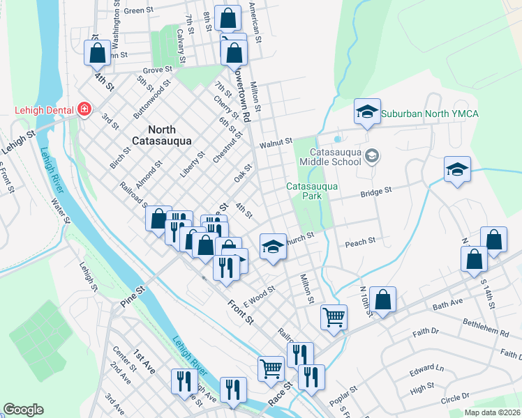 map of restaurants, bars, coffee shops, grocery stores, and more near 515 4th Street in Catasauqua