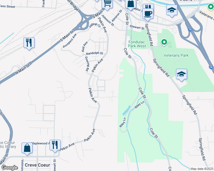 map of restaurants, bars, coffee shops, grocery stores, and more near 119 Orchard Street in East Peoria