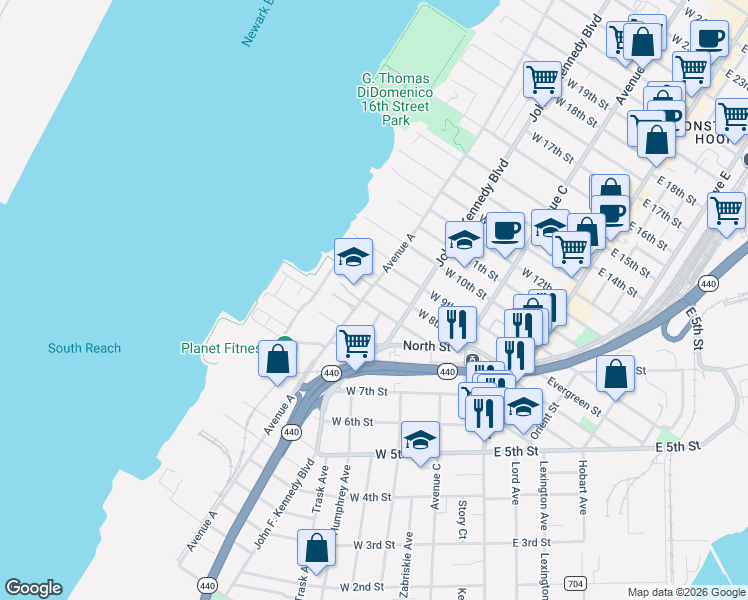 map of restaurants, bars, coffee shops, grocery stores, and more near 33 Hartley Place in Bayonne
