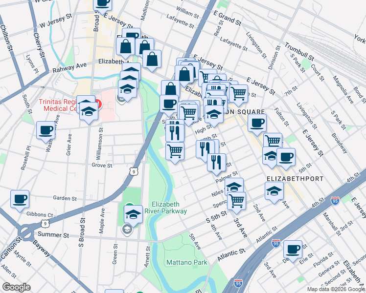map of restaurants, bars, coffee shops, grocery stores, and more near 321 Christine Street in Elizabeth