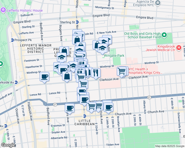map of restaurants, bars, coffee shops, grocery stores, and more near 760 Parkside Avenue in Brooklyn