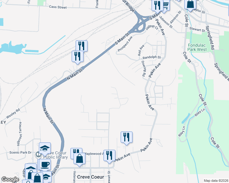 map of restaurants, bars, coffee shops, grocery stores, and more near 737 North Stewart Street in Creve Coeur