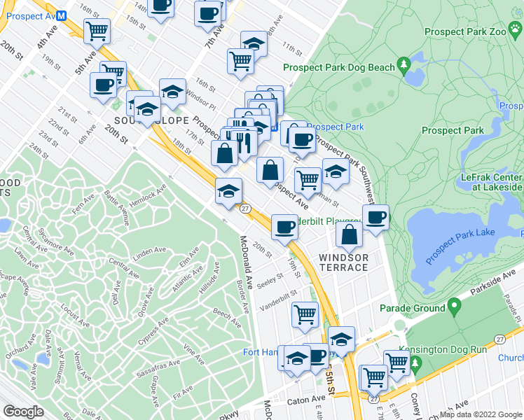 map of restaurants, bars, coffee shops, grocery stores, and more near 18th St & 10th Ave in Brooklyn
