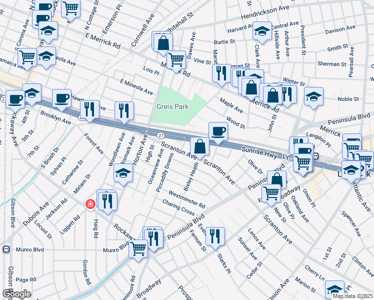 map of restaurants, bars, coffee shops, grocery stores, and more near 122 Scranton Avenue in Lynbrook