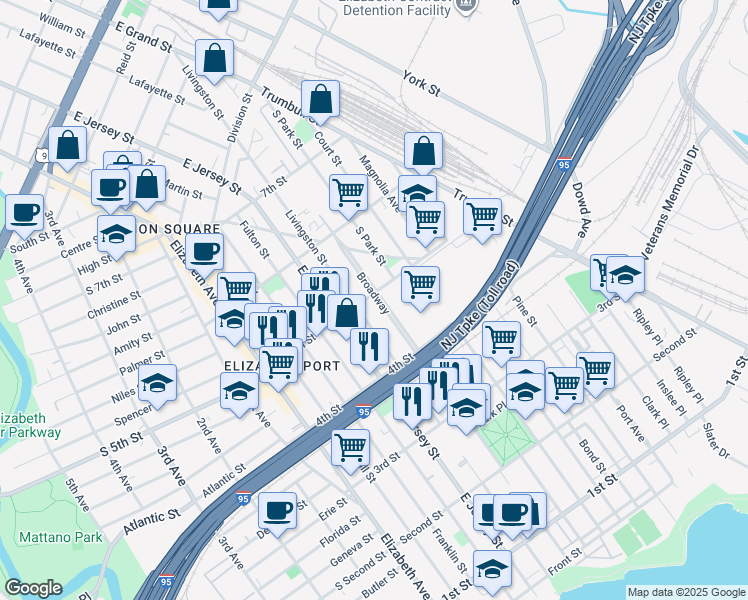 map of restaurants, bars, coffee shops, grocery stores, and more near 448 Broadway in Elizabeth