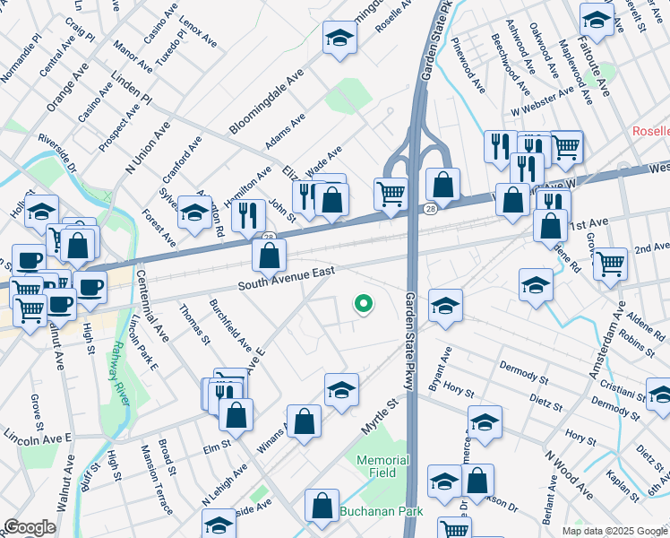 map of restaurants, bars, coffee shops, grocery stores, and more near 555 South Avenue East in Cranford