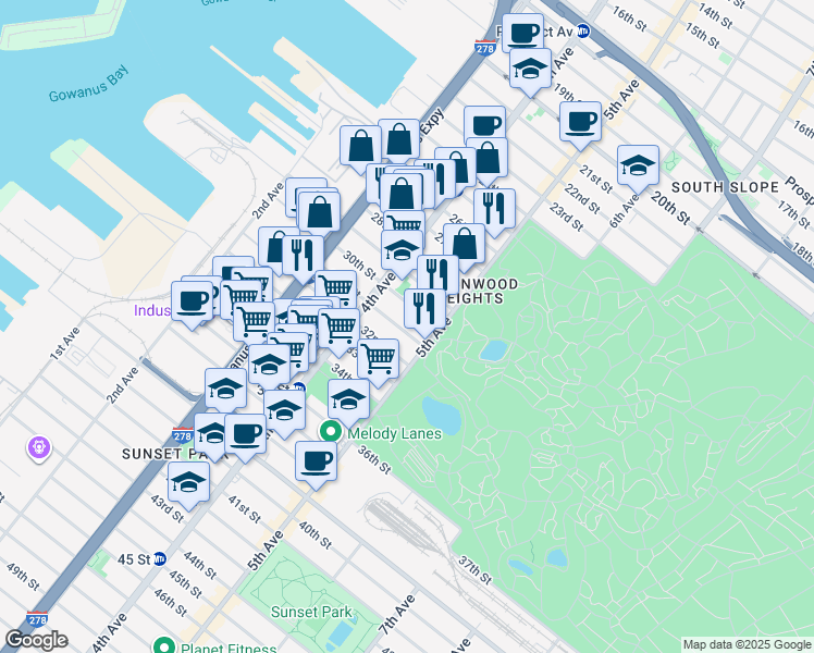 map of restaurants, bars, coffee shops, grocery stores, and more near 205 31st Street in Brooklyn