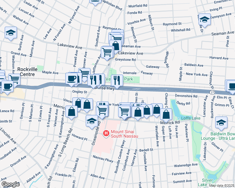 map of restaurants, bars, coffee shops, grocery stores, and more near 65 Chestnut Street in Rockville Centre