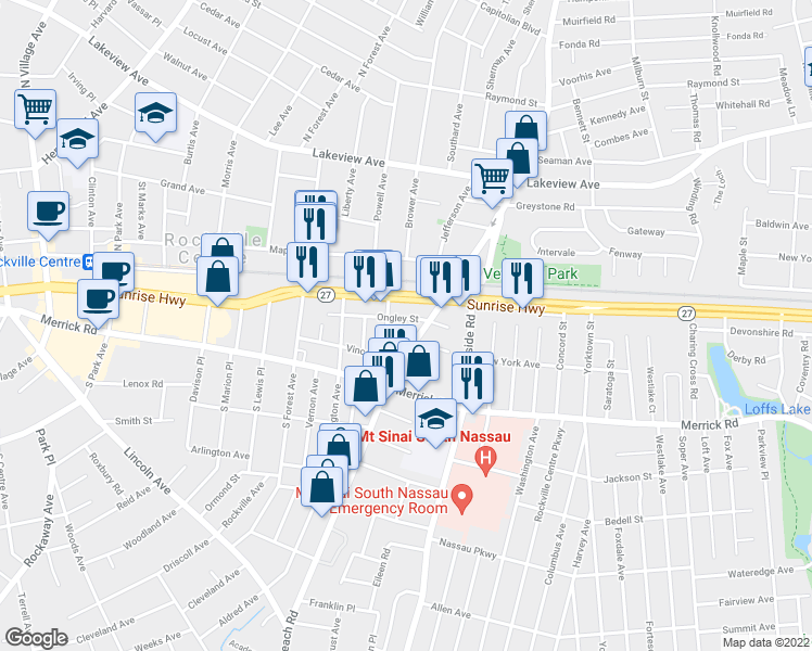 map of restaurants, bars, coffee shops, grocery stores, and more near 50 North Long Beach Road in Rockville Centre
