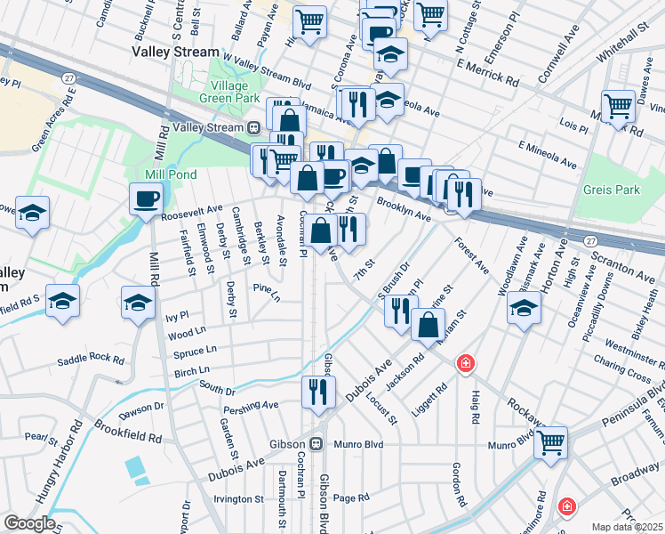 map of restaurants, bars, coffee shops, grocery stores, and more near 1 Gibson Boulevard in Valley Stream