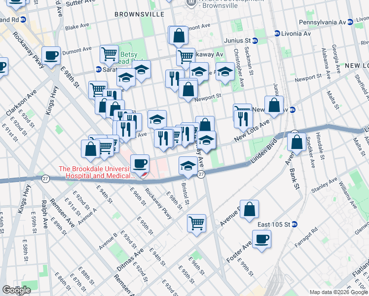 map of restaurants, bars, coffee shops, grocery stores, and more near 1415 Linden Boulevard in Brooklyn
