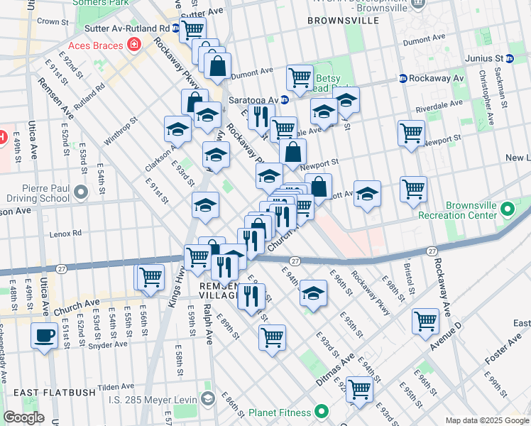 map of restaurants, bars, coffee shops, grocery stores, and more near 475 East 95th Street in Brooklyn