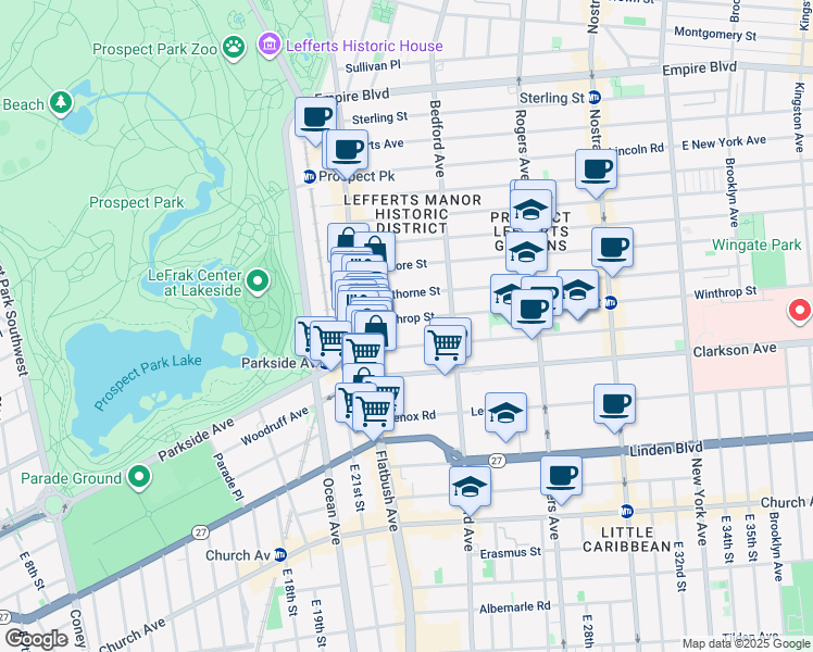 map of restaurants, bars, coffee shops, grocery stores, and more near 263 Parkside Avenue in Brooklyn