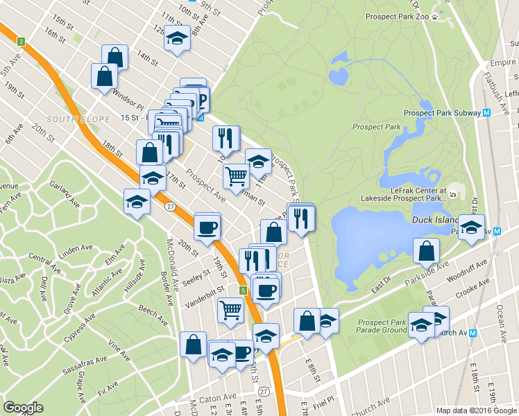 map of restaurants, bars, coffee shops, grocery stores, and more near 84 Sherman Street in Brooklyn