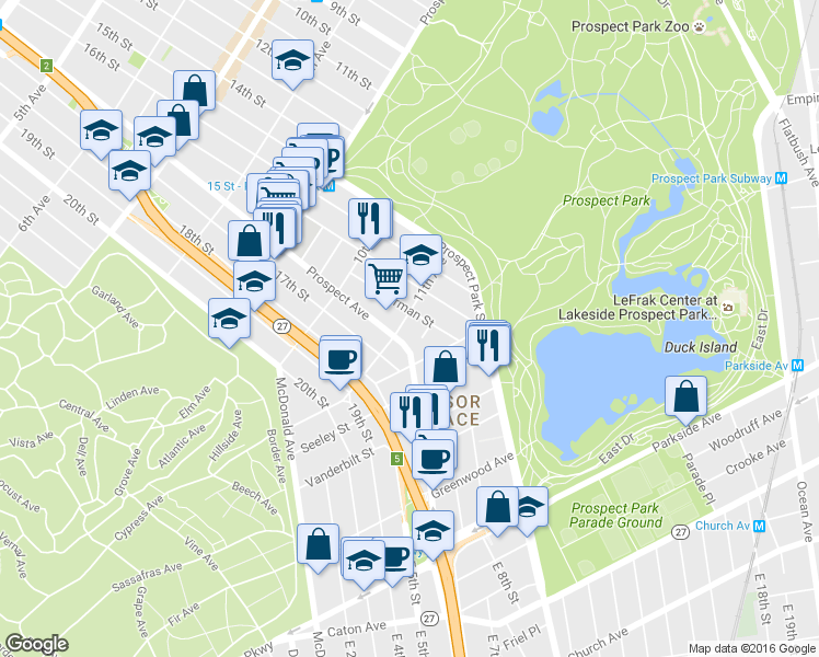 map of restaurants, bars, coffee shops, grocery stores, and more near 1107 Prospect Avenue in Brooklyn