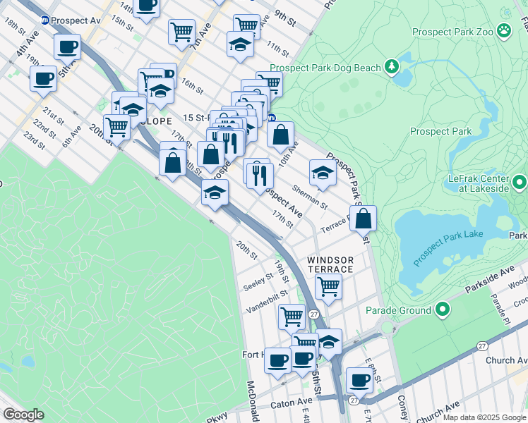 map of restaurants, bars, coffee shops, grocery stores, and more near 581 1/2 18th Street in Brooklyn