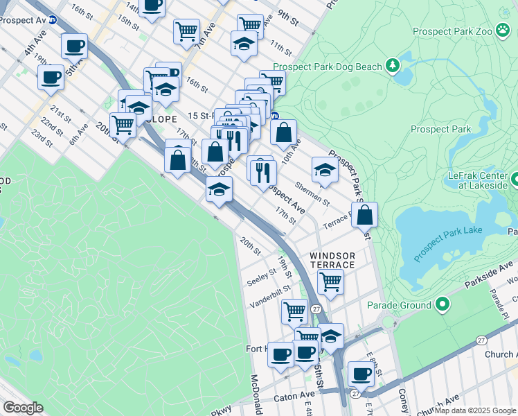 map of restaurants, bars, coffee shops, grocery stores, and more near 581 1/2 18th Street in Brooklyn