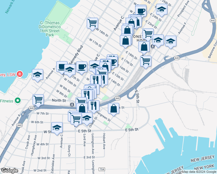 map of restaurants, bars, coffee shops, grocery stores, and more near 266 Broadway in Bayonne