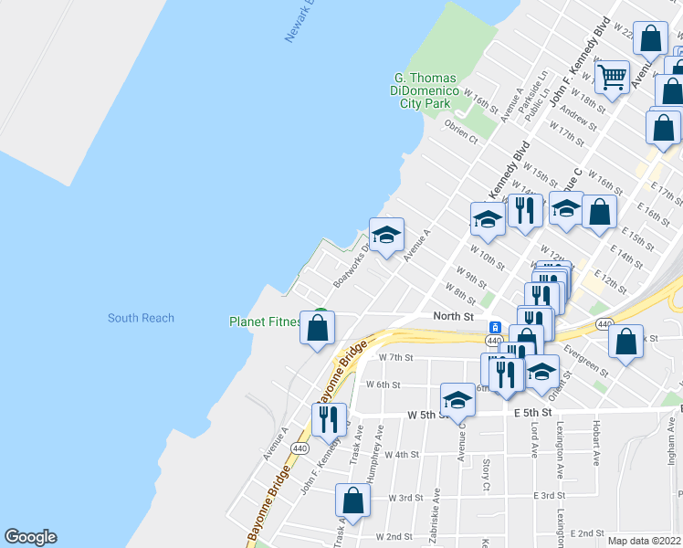 map of restaurants, bars, coffee shops, grocery stores, and more near 2 Boatworks Drive in Bayonne