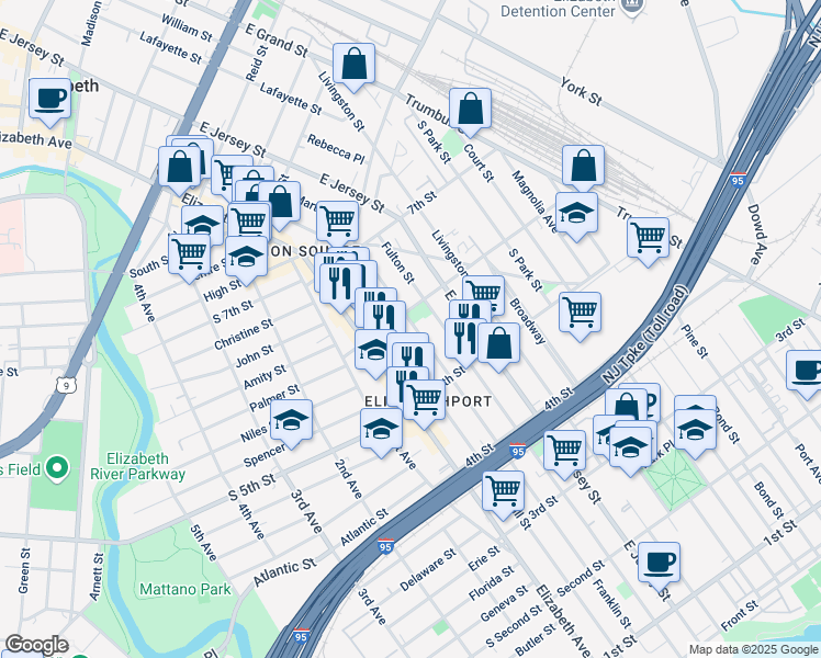 map of restaurants, bars, coffee shops, grocery stores, and more near 533 Franklin Street in Elizabeth