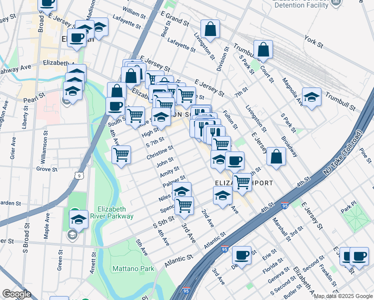 map of restaurants, bars, coffee shops, grocery stores, and more near 16 John Street in Elizabeth