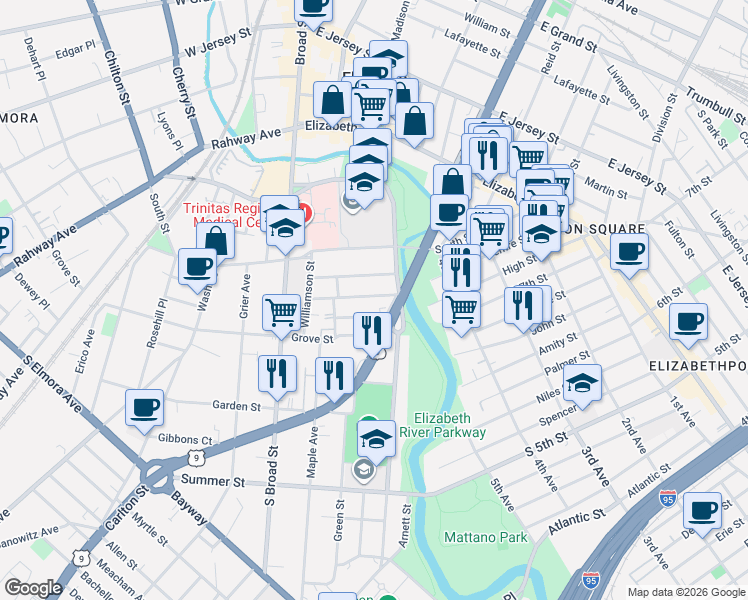 map of restaurants, bars, coffee shops, grocery stores, and more near 613 Devine Avenue in Elizabeth