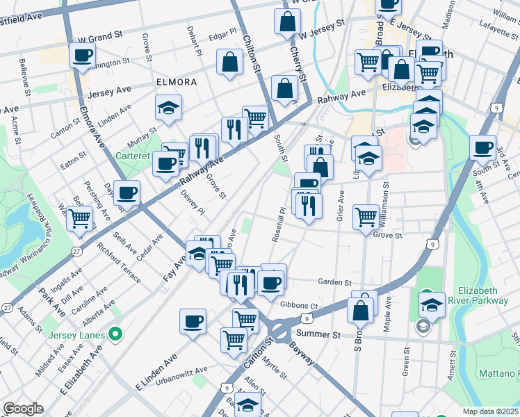 map of restaurants, bars, coffee shops, grocery stores, and more near 943 Grove Street in Elizabeth
