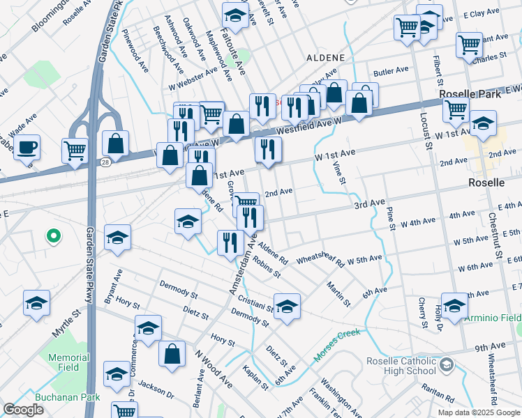 map of restaurants, bars, coffee shops, grocery stores, and more near 225 Amsterdam Avenue in Roselle