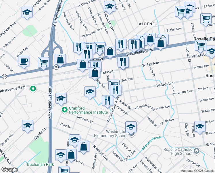 map of restaurants, bars, coffee shops, grocery stores, and more near 223 Grove Street in Roselle