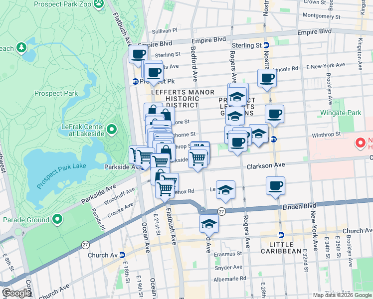 map of restaurants, bars, coffee shops, grocery stores, and more near 78 Winthrop Street in Brooklyn