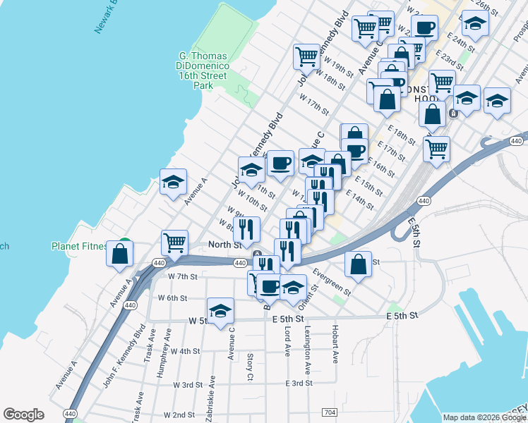 map of restaurants, bars, coffee shops, grocery stores, and more near 257 Avenue C in Bayonne