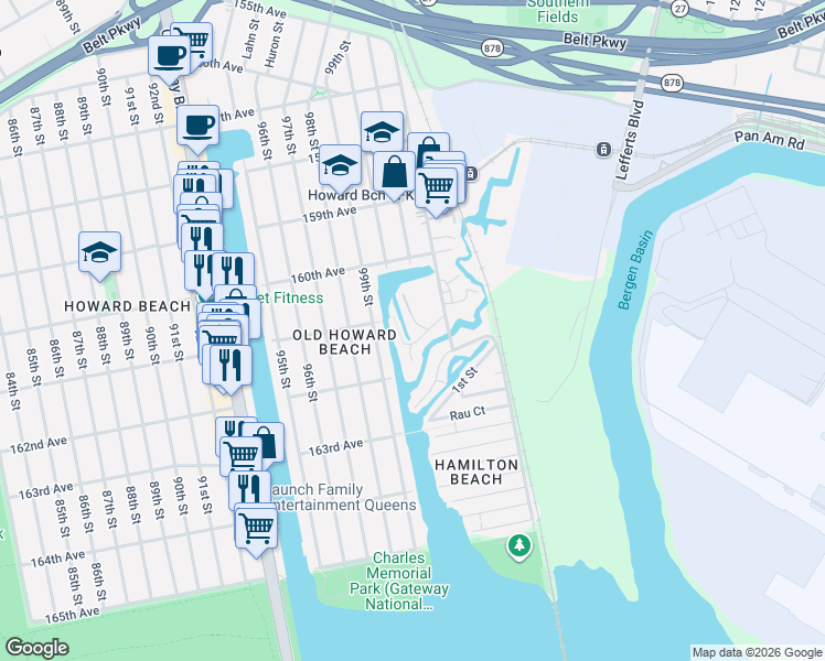 map of restaurants, bars, coffee shops, grocery stores, and more near 132 Broadway in Queens