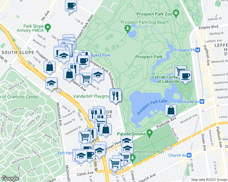 map of restaurants, bars, coffee shops, grocery stores, and more near Prospect Park Southwest & Terrace Pl in Brooklyn