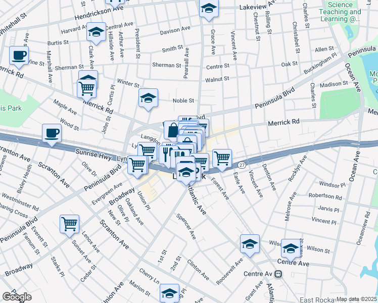 map of restaurants, bars, coffee shops, grocery stores, and more near 44 Broadway in Lynbrook