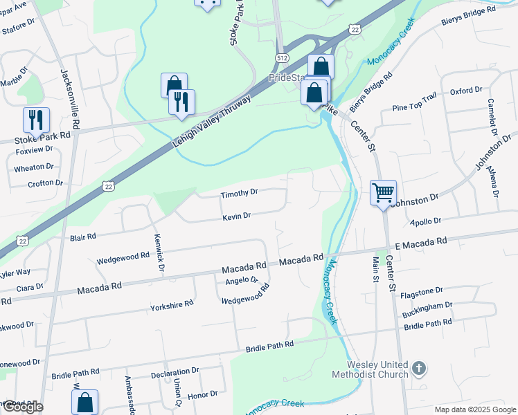 map of restaurants, bars, coffee shops, grocery stores, and more near 414 Kevin Drive in Bethlehem