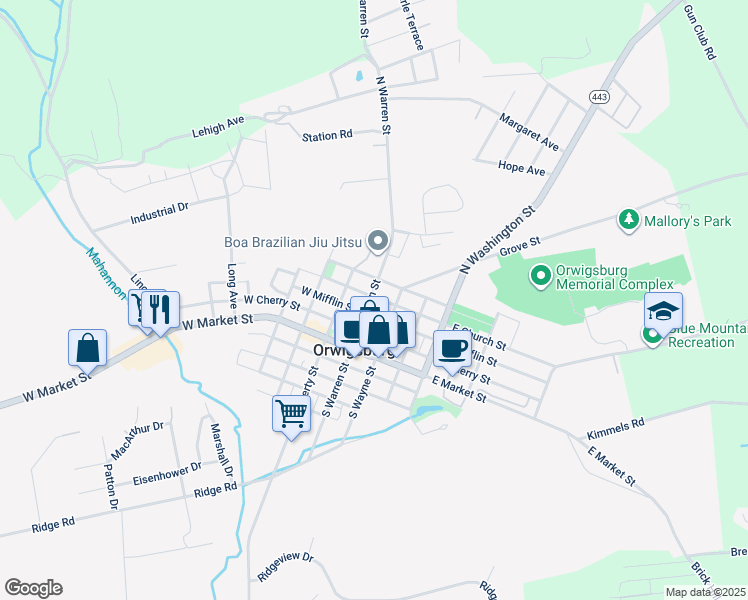 map of restaurants, bars, coffee shops, grocery stores, and more near 224 North Warren Street in Orwigsburg