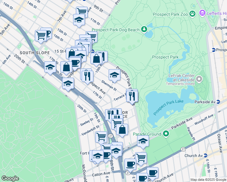 map of restaurants, bars, coffee shops, grocery stores, and more near 84 Sherman Street in Brooklyn