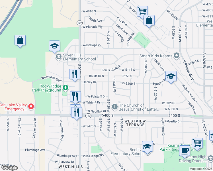map of restaurants, bars, coffee shops, grocery stores, and more near 5247 South 5420 West in Kearns