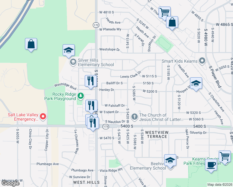 map of restaurants, bars, coffee shops, grocery stores, and more near 5244 South Kinsmen Circle in Salt Lake City