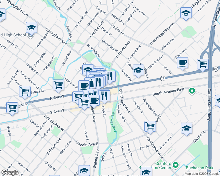map of restaurants, bars, coffee shops, grocery stores, and more near in Cranford