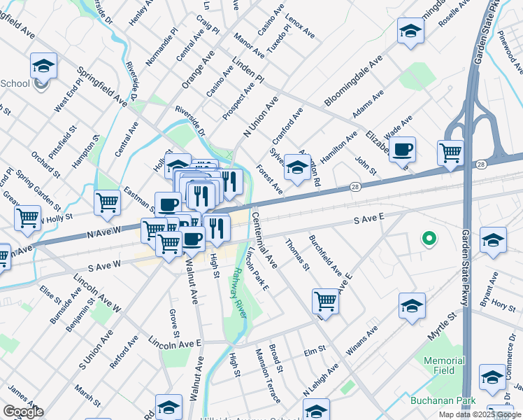 map of restaurants, bars, coffee shops, grocery stores, and more near 471 South Avenue East in Cranford