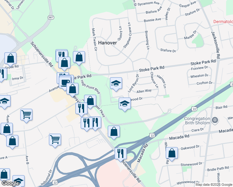 map of restaurants, bars, coffee shops, grocery stores, and more near 1650 Kenwood Drive in Bethlehem