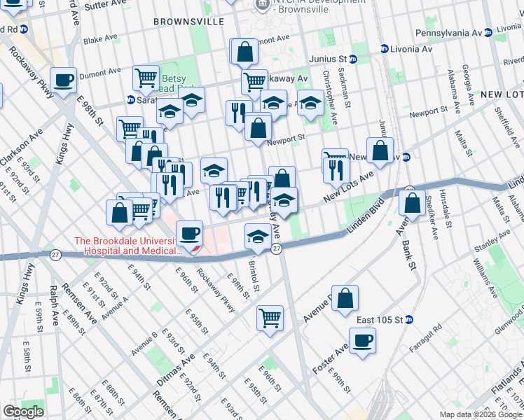 map of restaurants, bars, coffee shops, grocery stores, and more near 1415 Linden Boulevard in Brooklyn