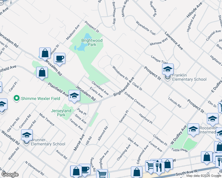 map of restaurants, bars, coffee shops, grocery stores, and more near 330 Brightwood Avenue in Westfield