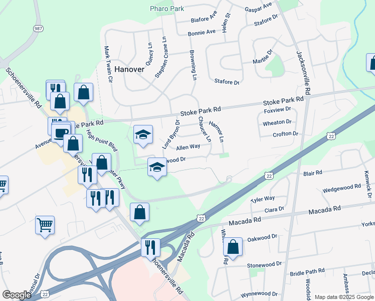 map of restaurants, bars, coffee shops, grocery stores, and more near 1575 Allen Way in Bethlehem