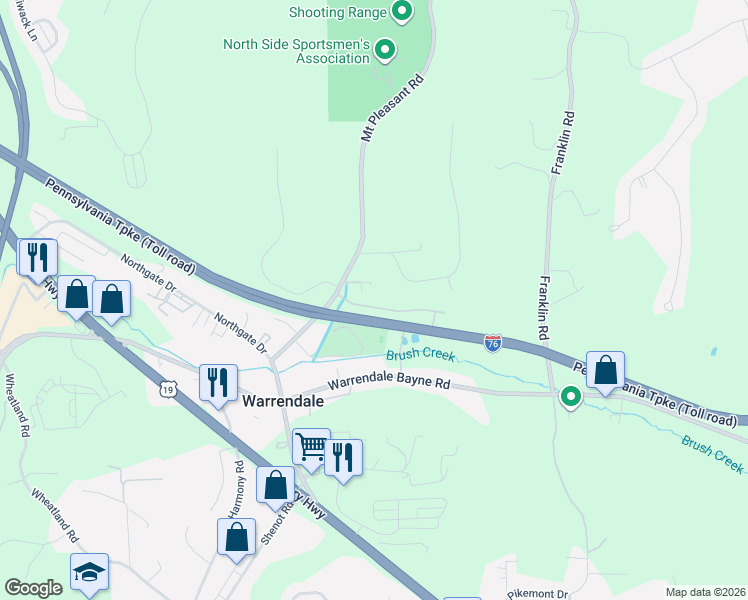 map of restaurants, bars, coffee shops, grocery stores, and more near 190 Mount Pleasant Road in Warrendale