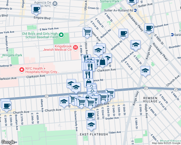 map of restaurants, bars, coffee shops, grocery stores, and more near 709 Utica Avenue in Brooklyn