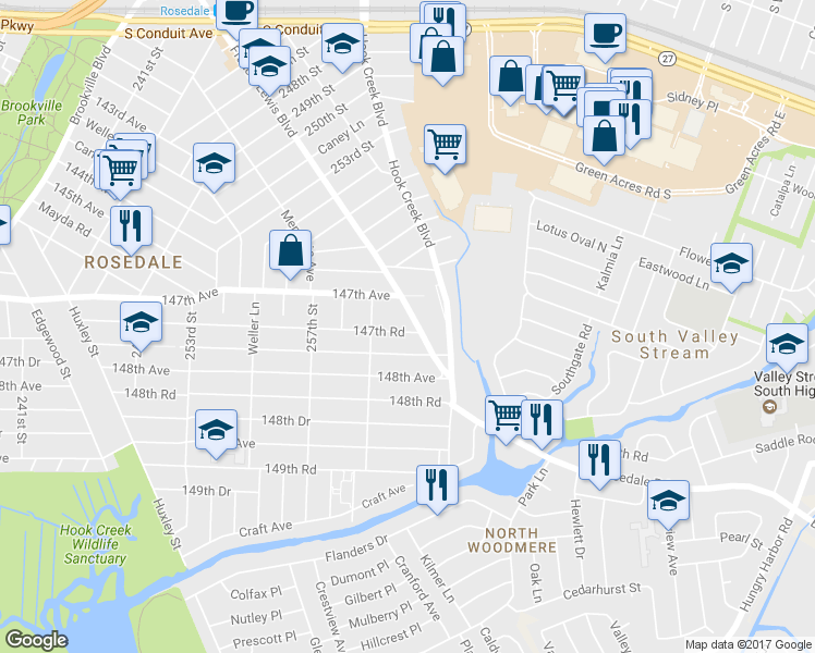 map of restaurants, bars, coffee shops, grocery stores, and more near 259-39 147th Road in Queens