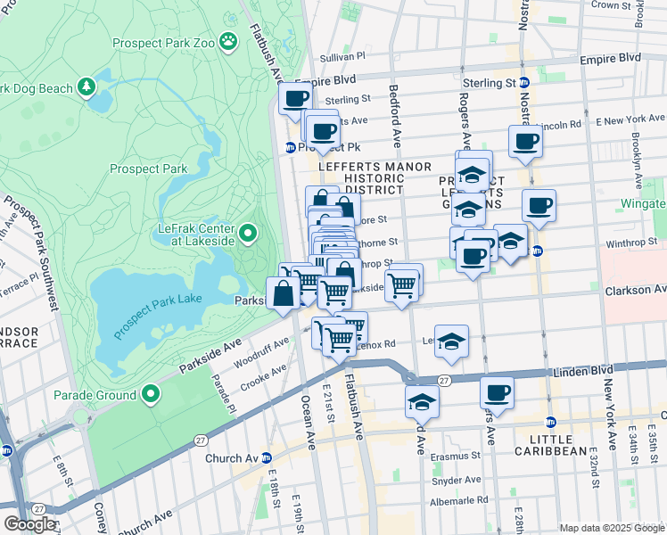 map of restaurants, bars, coffee shops, grocery stores, and more near Flatbush Ave & Winthrop St in Brooklyn